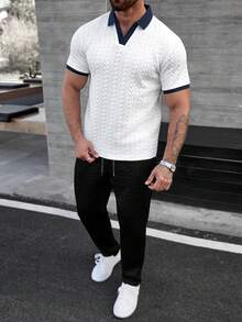 Manfinity CasualCool 男士撞色滚边短袖 Polo 衫和黑色抽绳腰裤套装 - 彩色 - 查看 3
