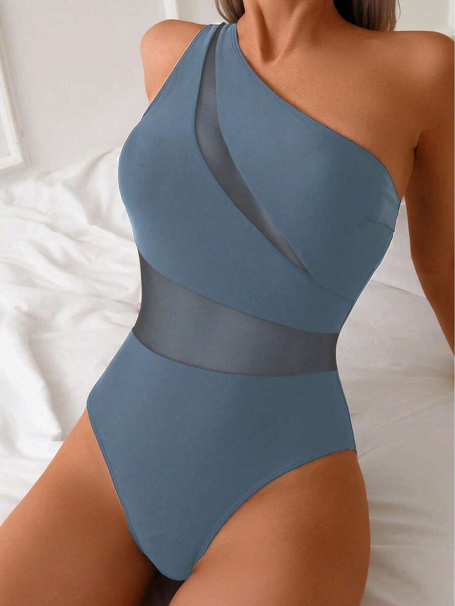 女士撞色透明网眼面板不对称肩部优雅休闲连体泳衣，春假连体泳衣 - 霧霾藍 - 查看 1