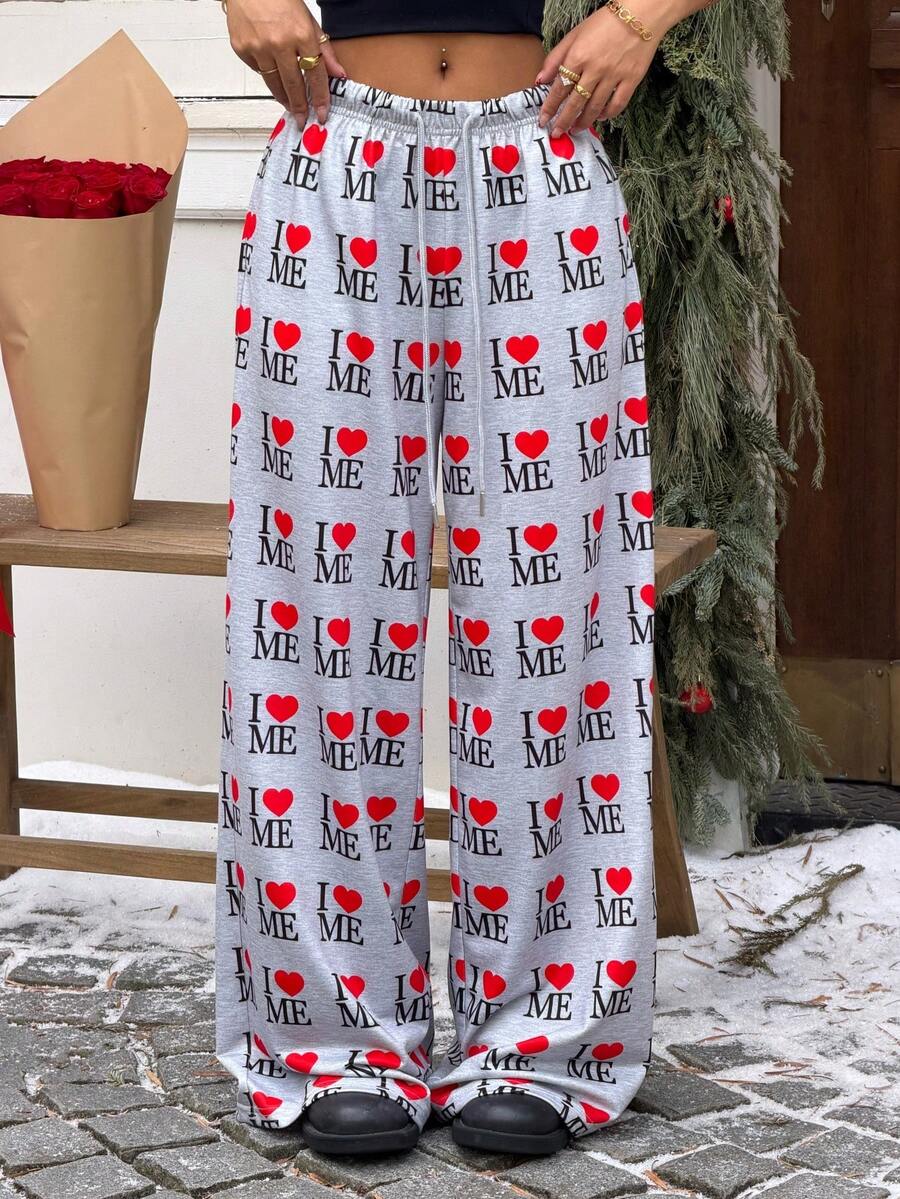 SHEIN EZwear 女士字母爱心印花抽绳腰休闲阔腿裤 - 彩色 - 查看 1