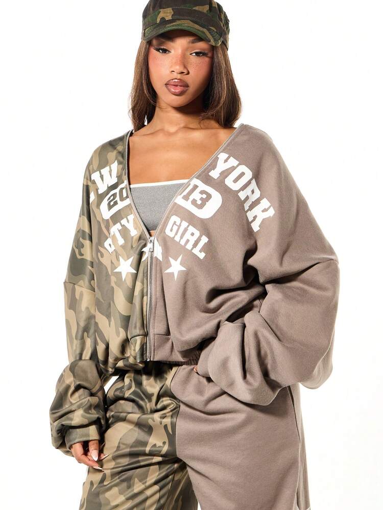 SUMWON Oversized Boxy Zip Through Camo Spliced Mixed Graphic Text Print Hoodie With Drawstring Fall Winter Streetwear