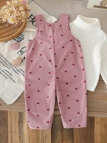 SHEIN 女婴/中性婴幼儿0-3岁春秋心形印花灯芯绒连体衣套装，休闲风格，带胸袋装饰，适合户外玩耍和休闲