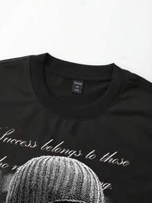 ROMWE MEN Camiseta casual de cuello redondo de manga 3/4 con estampado de eslogan facial para hombres - Negro - Ver 3