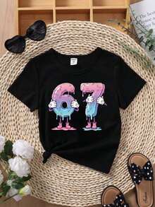 SHEIN Young Girls' Printed Basic Round Neck Short Sleeve T-Shirt - Black - View 3