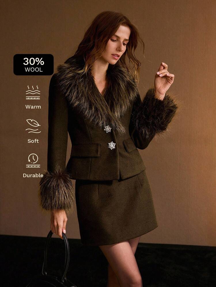 WOMEN WOOL BLEND FAUX FUR TRIM JACKET & SKIRT SET