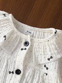 女婴纯棉褶皱蝴蝶结波点印花荷叶领开衫短袖套装（含裤子）休闲家居服 - 彩色 - 查看 5