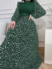 Modelyn 女式拼布碎花圆领灯笼袖优雅阿拉伯连衣裙 - 墨綠色 - 查看 6