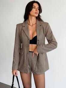 SHEIN Tall Women's Retro Chic Commuter Brown Plaid Wool Suit Set, Includes Fitted Blazer Jacket + Low-Waist Shorts (With Shoulder Pads), 2pcs In Fall/Winter - Brown - View 1