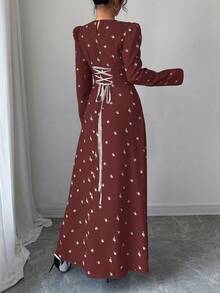 Modelyn 女士黑色花卉印花拼接领长袖A字系腰优雅花卉连衣裙 - 摩卡棕 - 查看 2