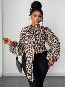 Maweii Plus Size Women's Leopard Print Sexy V-Neck Long Sleeve Blouse, Spring/Autumn - Multicolor - View 4