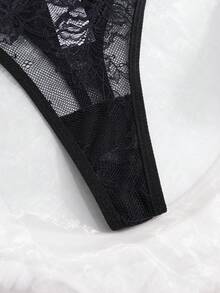 Floral Lace Rhinestone Studded Tape G-String Sexy Lingerie, Rave - Black - View 5