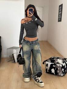 Coolane Casual Women Outfits Spring/Summer Streetwear Casual Going Out Y2K Essentials Knit Stretchy Comfy Asymmetrical Neck Long Sleeve Black And Grey Striped Stretchy Comfortable Grommet Eyelet Asymmetrical Neck Off The Shoulder T-Shirt