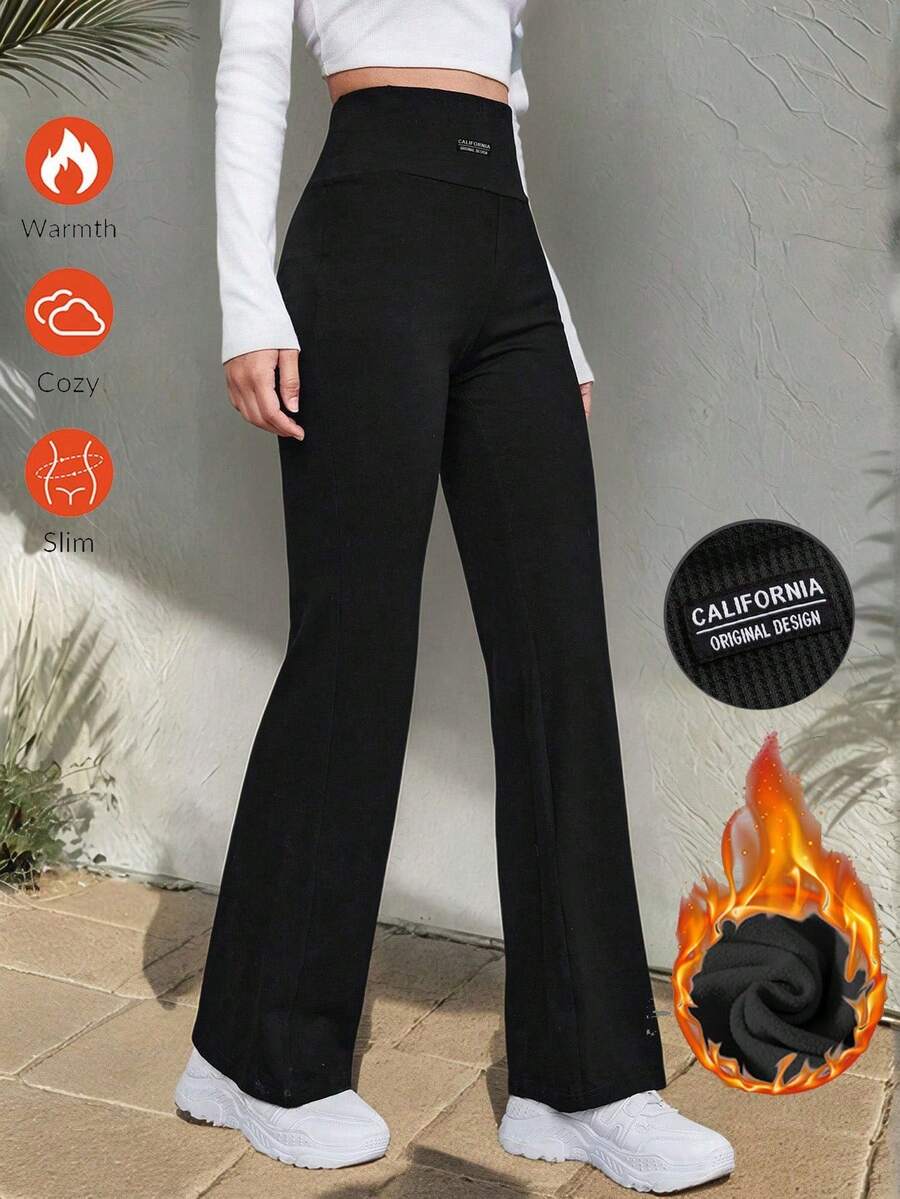 SHEIN EZwear 女士休闲百搭黑色喇叭字母刺绣贴片保暖内衬裤，适合秋冬季节、街头风、外出、运动、时尚百搭 - 黑色 - 查看 1
