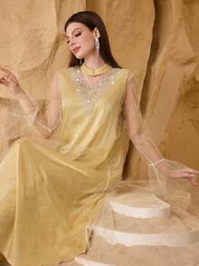 Al Najma Fashionable New Luxury Elegant Beaded Mesh Women's Arabic Style Dress - Yellow - View 7