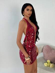 TRNVIE Valentine's Day Red Sequin Spaghetti Strap Deep V Backless Camisole & Mini Bodycon Skirt 2-Piece Set,Burgundy Red,Summer,Night Out Club,Rave,Banquet - Burgundy - View 5