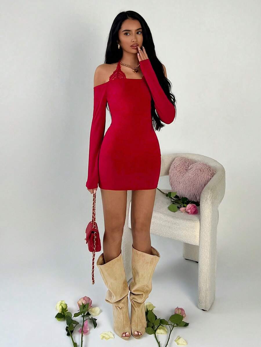 TRNVIE Spring Knitted Ribbed Red Lace Spaghetti Strap Off Shoulder Elegant Backless Stretchy Bodycon Party New Year Valentine's Day Sexy Cocktail Wedding Mini Dress - Burgundy - View 1