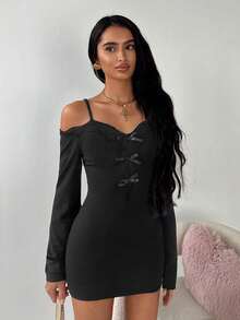 TRNVIE Women's Solid Color Off-Shoulder Long Sleeve Bow Decor Fashionable Dress - Black - Ver 1