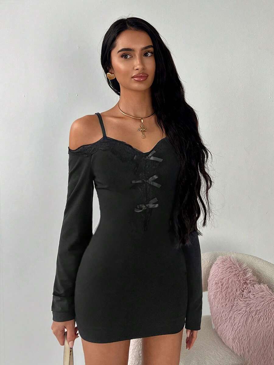 TRNVIE Women's Solid Color Off-Shoulder Long Sleeve Bow Decor Fashionable Dress - Black - Ver 1