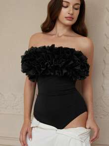 Aveloria Rosie European And American Light Luxury Romantic Date Style Autumn And Winter New Fashion Versatile Knitted Stitching Organza Multi-Layer Design Chest Jumpsuit - Black - View 4