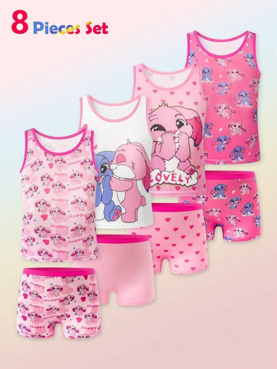 4pcs/8pcs Young Girls Rabbit & Heart Print Cute Simple Sweet Basic Camisole + Briefs Set, Suitable For Inner & Outer Wear - Multicolor - View 1