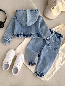 SHEIN Playful Pals Baby Girl Y2K Washed Blue Denim Hoodie Top And Jeans Pants Set, Fashionable Streetwear Casual Outfit For Outdoor, Party, Daily Wear - Medium Wash - View 2