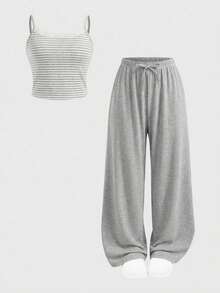 SHEIN Girlism Tween Girl Casual Homewear Fitted Lace Trim Camisole And Wide Leg Striped Knit Pants Set, Heather Gray - Grey - View 1