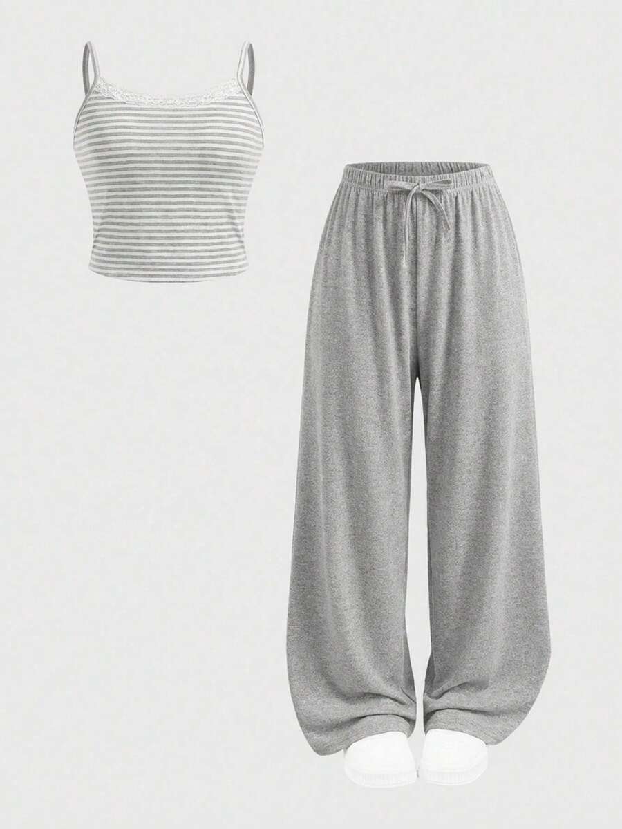 SHEIN Girlism Tween Girl Casual Homewear Fitted Lace Trim Camisole And Wide Leg Striped Knit Pants Set, Heather Gray - Grey - View 1