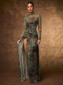 Hauture Abito lungo da donna sexy per uscire la sera, in rete e trasparente, con stampa a serpente, maniche lunghe e spacco - Multicolore - Visualizzare 5