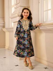 SHEIN Girls' Black Ditsy Floral Long Sleeve Dress With Gold Lace Trim,Traditional Wedding Autumn Fashionable Piece For Outings,Performances And Gatherings - Black - View 6