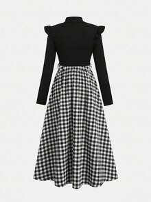 少女优雅通勤休闲泡泡袖条纹格纹中长连衣裙，系带细节，吊带裙，女童连衣裙，黑色女童连衣裙，荷叶边下摆女童连衣裙，返校季，春节，派对 - 黑與白 - 查看 2