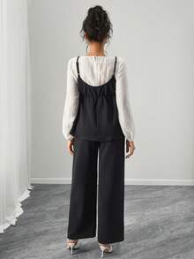 SHEIN Maternity Round Neck 2 In 1 Beaded Decor Long Sleeve Top And Wide Leg Pants Casual Outfit - Black - View 2