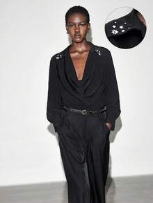 Maija Blusa de manga larga con cuello drapeado y decoración de rhinestones, de corte holgado para mujer