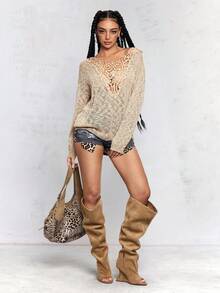 ROMWE Avant Women's Vacation Hippie Sheer Contrast Lace Knit Sweater - Khaki - View 5