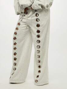 SUMWON 大码高腰宽松版型金属孔眼装饰运动裤休闲舒适家居裤冬季时尚街头服饰 - 白色 - 查看 4