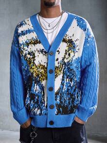 ROMWE MEN Street Life Men's Van Gogh Painting Style Single-Breasted Casual Knit Cardigan - Multicolor - View 3