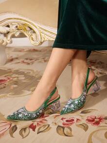 CUCCOO TILAWA Giày cao gót mũi nhọn đính đá thời trang dự tiệc thanh lịch dành cho nữ - màu xanh lá - Xem 3