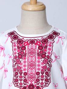 1pc Infant Girls' Pink Bow Print Loose Ramadan Robe, Printed Collar Robe - Pink - View 4