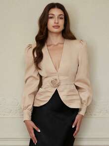 EMERY ROSE Blazer decorativo floral 3D feito à mão, de cor sólida, versátil e com estilo europeu e americano, adequado para uso diário, outono/inverno - Caqui - Visão 5