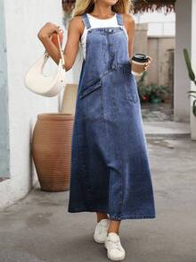 EMERY ROSE Plus Size Women Button Design Casual New Loose Denim Jumpsuit Dress - Blue - View 4