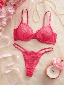 SHEIN Eyelash Lace Underwire Bra & Panty Lingerie Set - Hot Pink - View 5