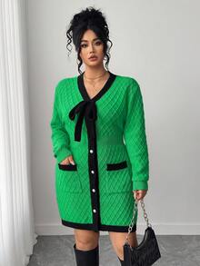 Elenzga Gaun Sweater Rajut Warna-warni Elegan untuk Wanita Ukuran Plus, Model Ikat Depan, Musim Gugur/Dingin - Hijau - View 6