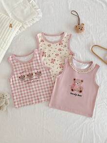 3pcs/Set Girls Undershirt Camisole Set, Cute Cartoon Bear Pattern, Comfortable Casual Innerwear & Homewear - Multicolor - View 1