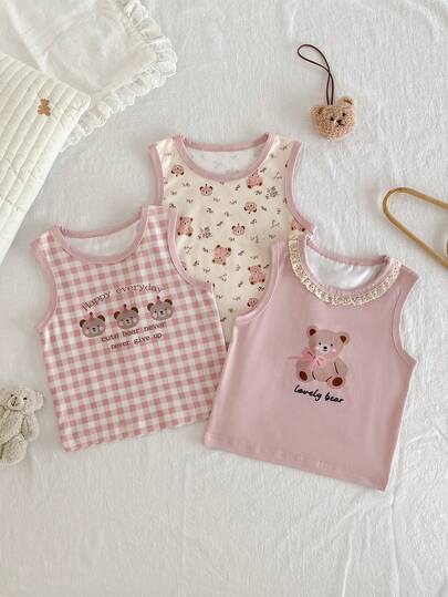 3 st/set flickundertröja med linne, söta tecknade björnmönster, bekväma vardagliga underkläder och hemkläder