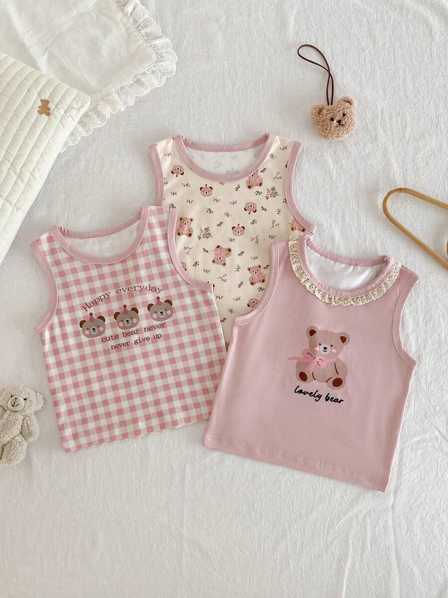 3pcs/Set Girls Undershirt Camisole Set, Cute Cartoon Bear Pattern, Comfortable Casual Innerwear & Homewear - Multicolor - View 1