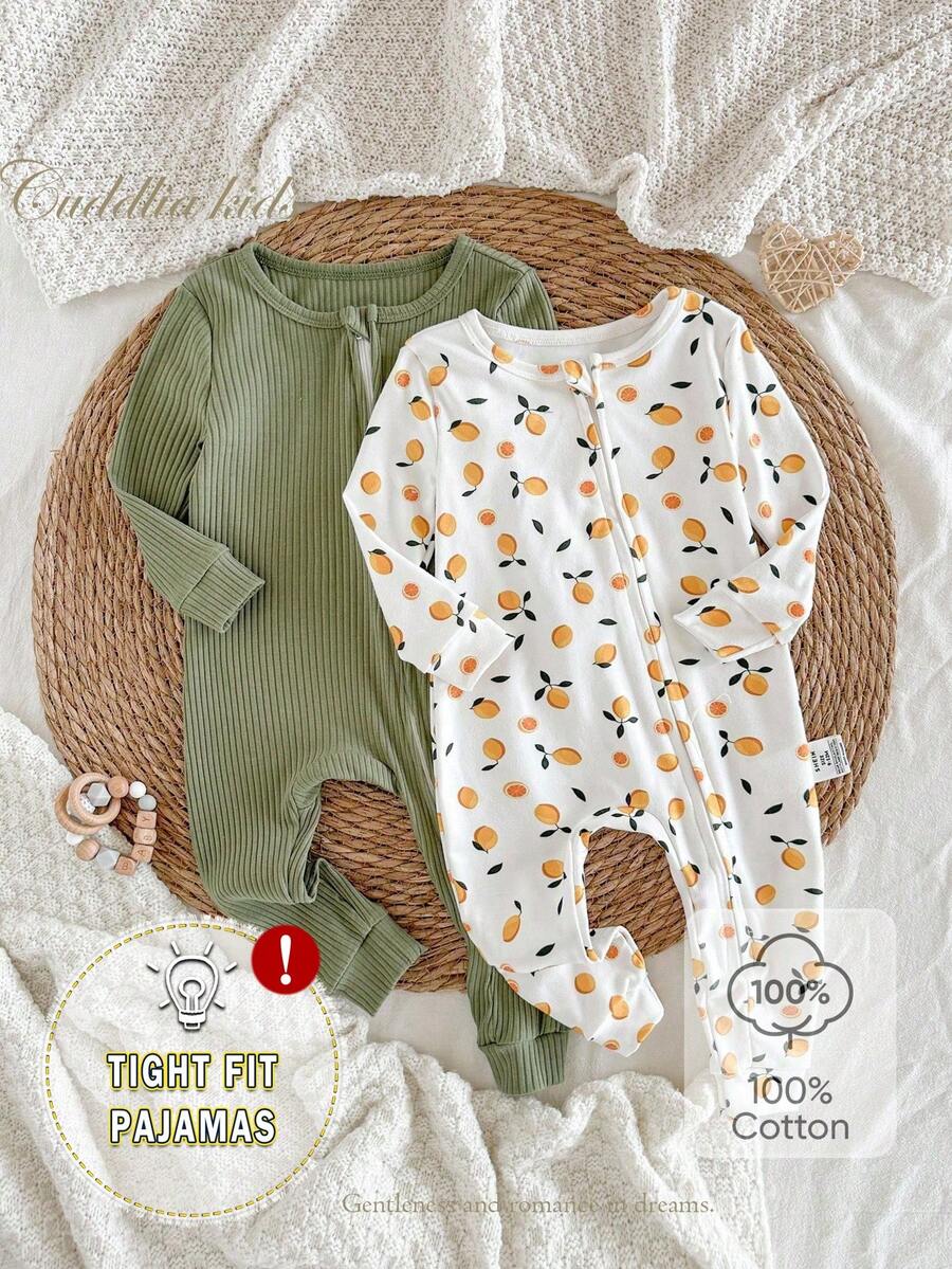 Baby Girls' Soft & Comfortable Jumpsuit Set, Fresh & Cute Lemon & Orange All-Over Print Jumpsuit + Solid Green Textured Fabric Zipper Jumpsuit, 2pcs Sleepwear Set Snug Fit Ribbed Baby Clothes Newborn Clothes Cotton Gender Neutral Baby Clothes Baby Lemon Print Clothes Zip Up Baby Romper Fall Winter Baby Set Autumn Winter Season Baby Outfits Unisex For Fall Woodland Baby Clothes Neutral Baby Clothes Unisex 2026 "Tight Fit Pajama","Tight Fit","Snug Fit - Multicolor - View 1