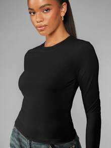 MISSGUIDED Camiseta de cuello redondo de manga larga, ajustada, prenda básica y esencial para capas, uso casual y diario - Negro - Ver 5