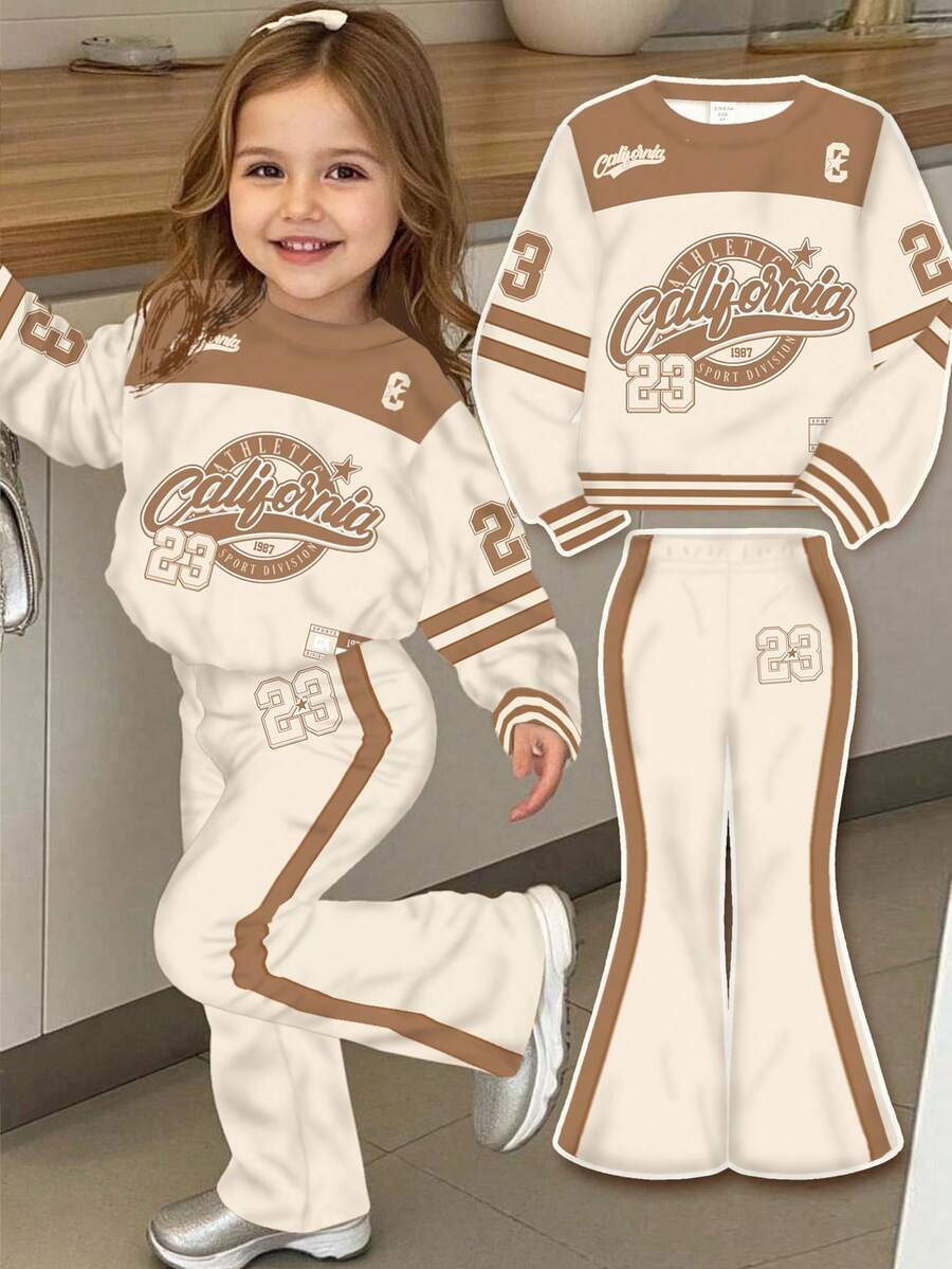 Tween Girl Retro American College Style Knit Crew Neck Letter Graphic Loose Sweatshirt And Flare Leg Pants 2 Pieces Casual Set - Multicolor - View 1