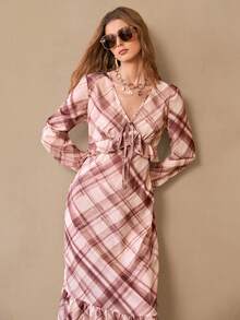 Florisole 女士休闲格子荷叶边长袖连衣裙，适合度假穿着，格子连衣裙，方格连衣裙，系带连衣裙，秋季连衣裙 - 鏽棕色 - 查看 1