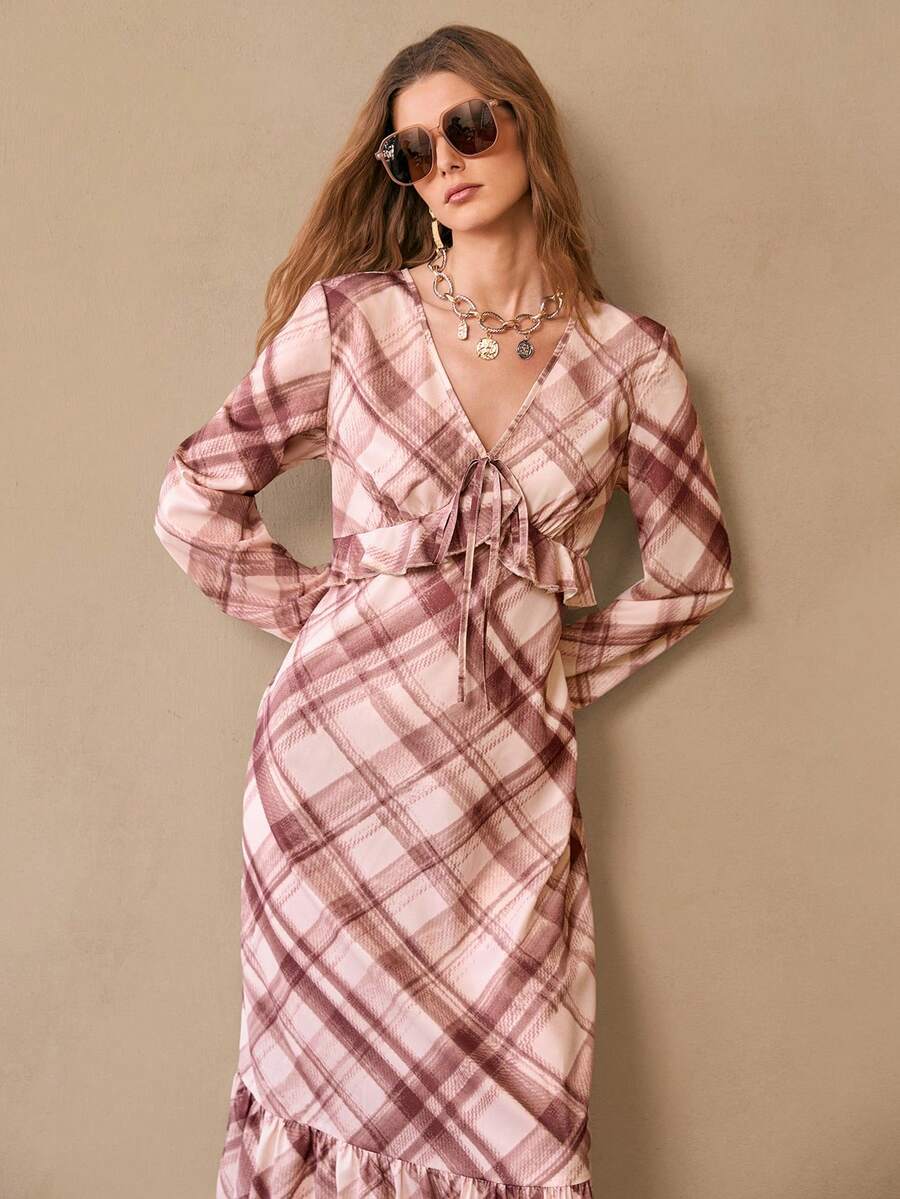 Florisole 女士休闲格子荷叶边长袖连衣裙，适合度假穿着，格子连衣裙，方格连衣裙，系带连衣裙，秋季连衣裙 - 鏽棕色 - 查看 1