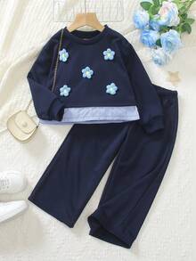 Elladie kids 2pcs/Set Girls Korean Style Loose Floral Gray Sweatshirt With Bow Decor, Looks Like Two Pieces