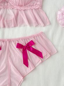 PetitDoll 3pcs/Set Mesh & Contrast Lace Outfit - Pink - View 9